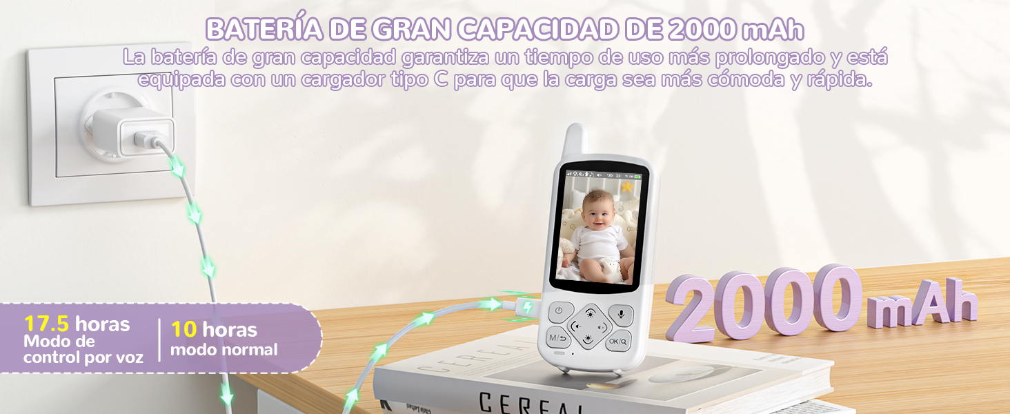 El vigilabebés con batería de gran capacidad de 2000 mAh tiene una batería de larga duración