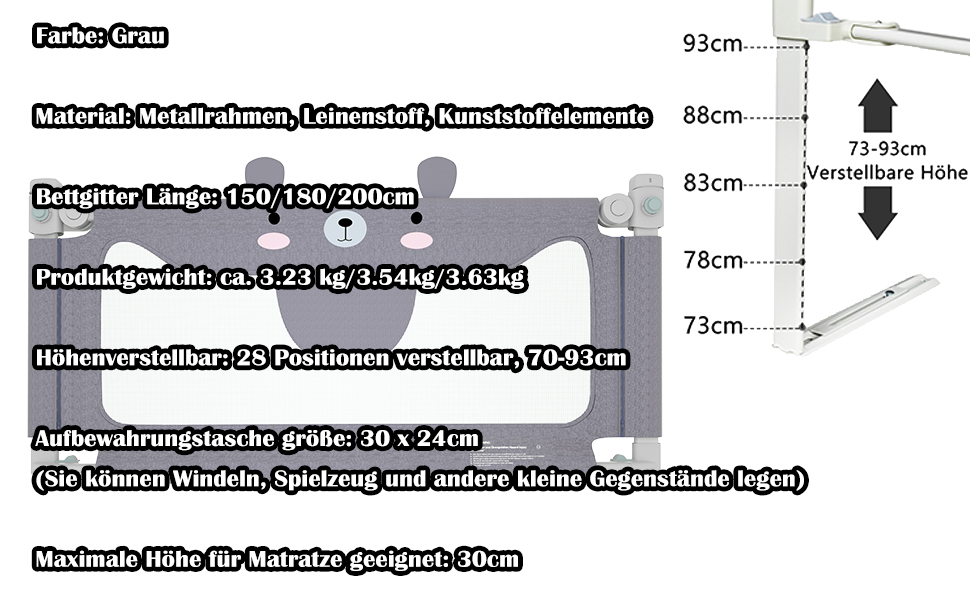 Barrera de cama para bebé, altura regulable