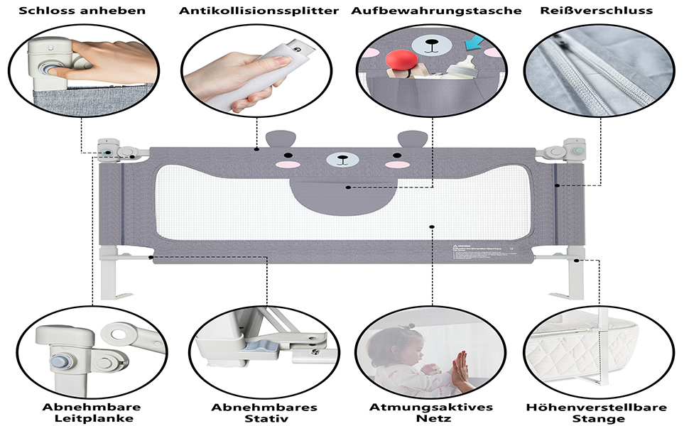 Barrera de cama para bebé, altura regulable