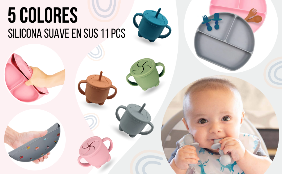 cubiertos bebe, Plato bebe ventosa, Precucharas bebe blw, Vajilla bebe silicona, Libre BPA