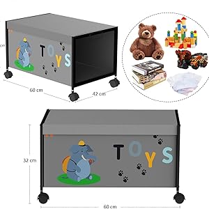 Caja de juguetes para niños de T-LoVendo, baúl de almacenamiento, ruedas de 360°, vista general.