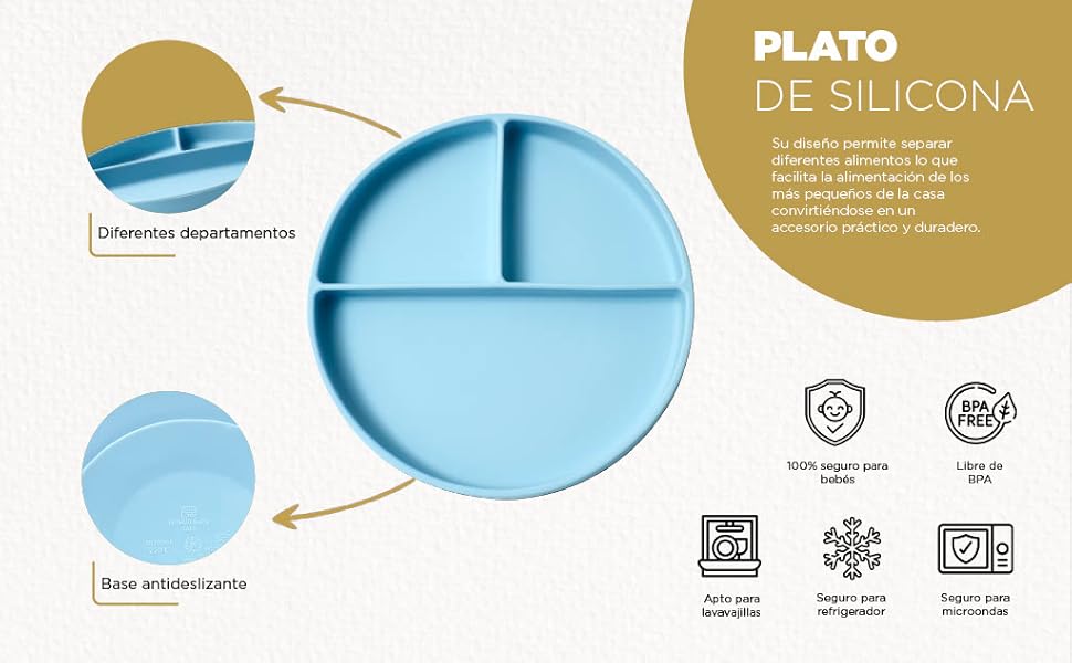 Plato seguro con su ventosa de gran succión y divisores para separar la comida