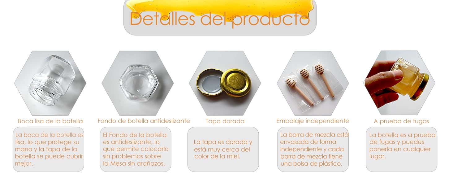 paquetes de Honeycomb de vidrio hexagonal de 1.5 onzas con cuchara de madera