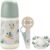 Suavinex, Pack Bebé Recién Nacido, Regalo Bebé con: Biberón Anticólico 270 ml de Flujo Medio (M) + Chupete 0/6 Meses + Chupetero de Tela. Para Bebés 0/6 Meses. Tetinas Sx Pro de Silicona, Walk Verde