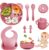 Bizcasa Vajilla Bebe Silicona, 9 Piezas Vajilla de Silicona para Bebés Antideslizante, Con Plato Cuenco Babero Taza, Vajilla de aprendizaje para comer destete, Sin BPA (Rosa oscuro)