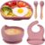 FILOWA Silicona Vajilla Bebe con Ventosa Plato y Cuenco Cuchara Tenedor Babero, 5 piezas Cubiertos Set Silicona Antideslizante Compartimentos Plato Libre BPA Kit Vajilla para Infantil Niñas,Rosa