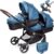 babyGO Cochecito 3 en 1 para gemelos – Cochecito de hermano para bebés – Cochecito gemelar/cochecito doble para 2 niños con muchos accesorios (azul jaspeado sin capazo)