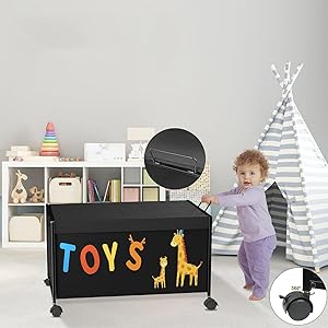 Caja de juguetes para niños de T-LoVendo, baúl de almacenamiento, ruedas de 360°, vista general.