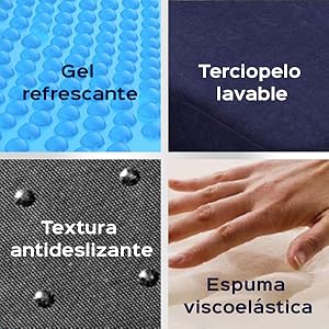 Gel refrescante, Terciopelo lavable, Textura antideslizante, Espuma viscoelástica