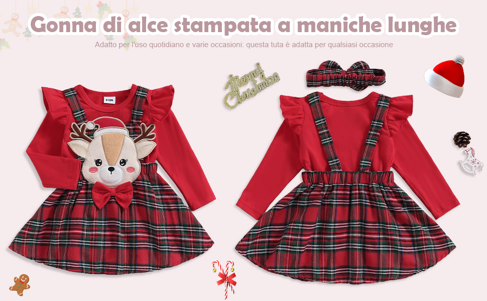 Conjunto de 3 piezas para niña con estampado navideño de manga larga + falda 