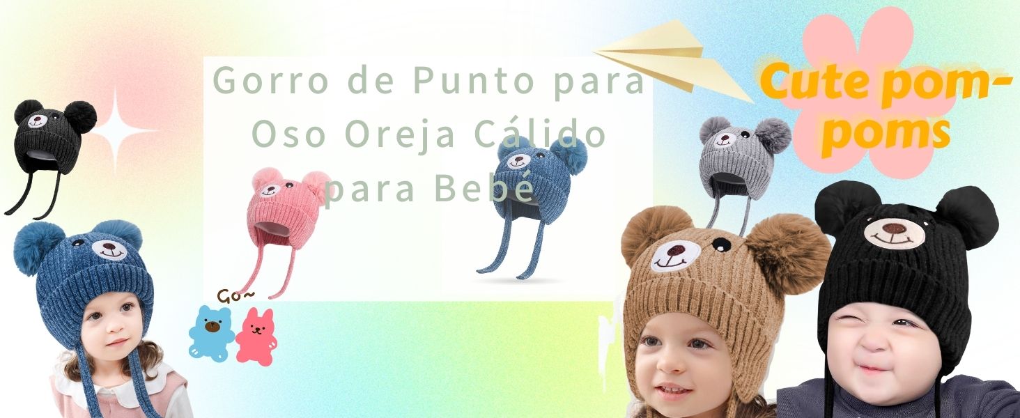 Gorros para Niño Niña Bebé Otoño Invierno Sombrero Dulce con Orejeras y Cintas para Atar Gorro