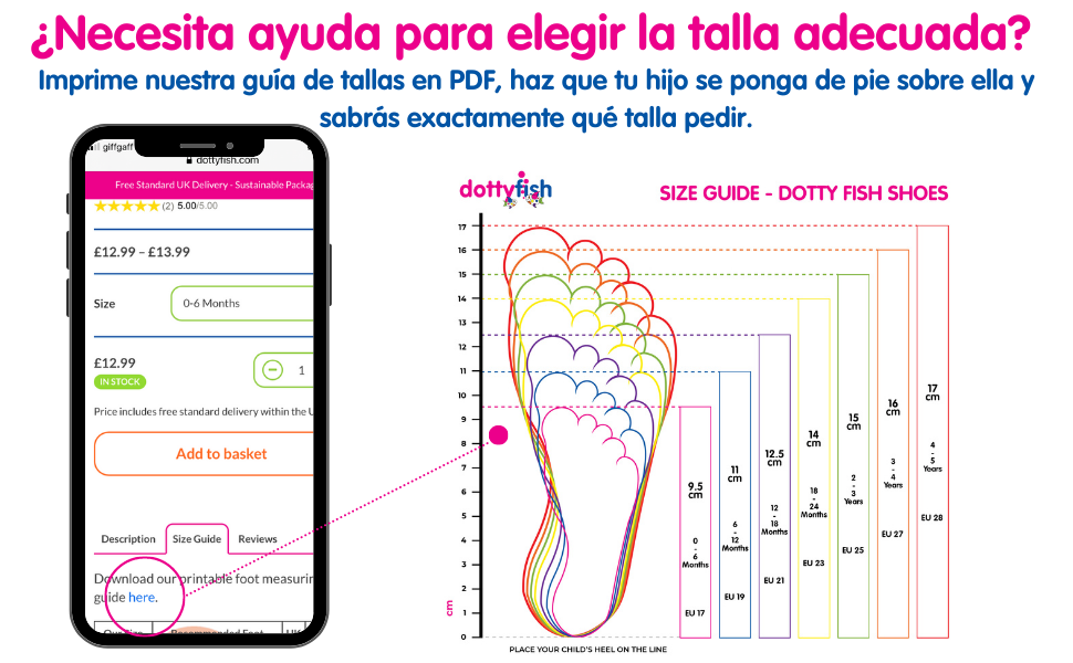 Guía de tallas, guía de tallas de zapatos de bebé Dotty Fish, la talla correcta de zapatos