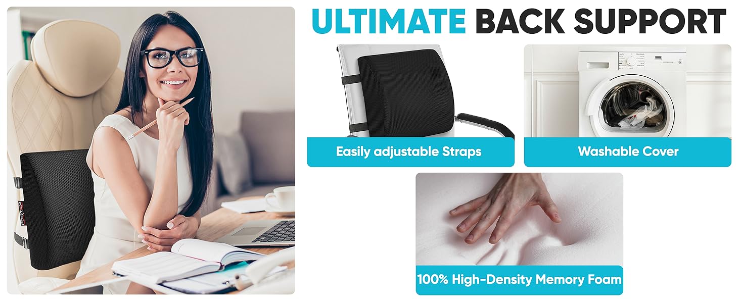 Soporte lumbar para uso en oficina con viscoelástica y funda lavable.