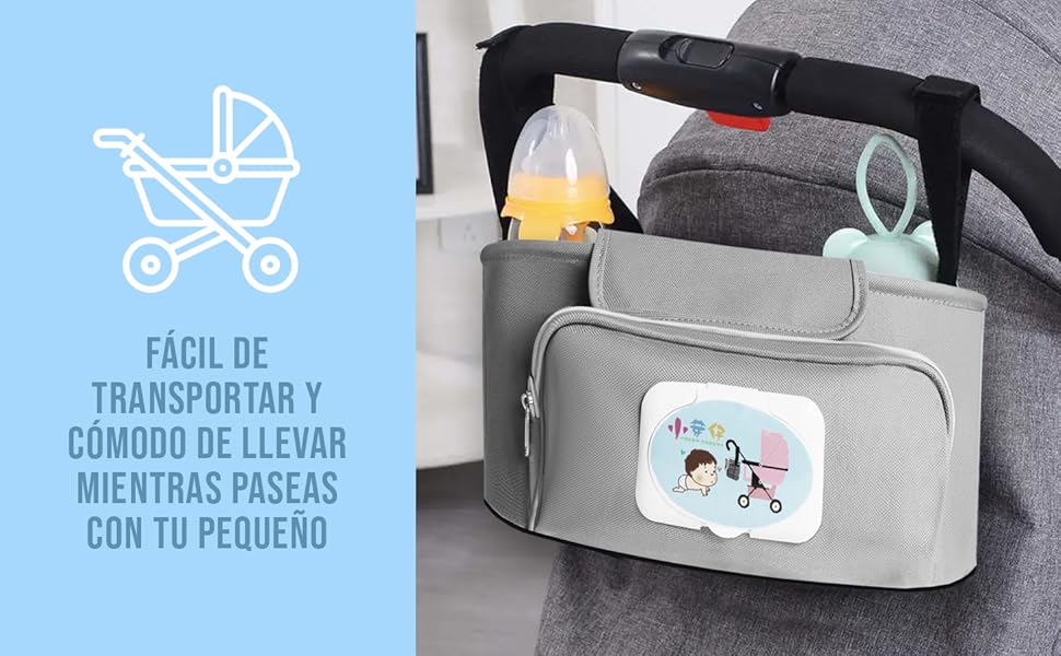 Bolso Carro Bebe pequeño fácil de usar y trasportar Practico con dispensador de toallitas.