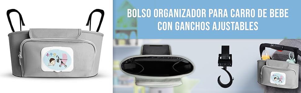 Bolso Carro Bebe Pequeño Organizador con Gancho Ajustable Adicional Para Diferentes Usos.