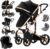 3 en 1 Sistema de Viaje Para Bebé 3 en 1 Cochecito de Paisaje Alto Carrito con Capazo Silla de Paseo Cochecito de Bebé Reclinable Cochecito Estándar Plegable de Recién Nacido (588 Black Gold New)