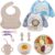 Vajilla Bebé Silicona, 10 piezas Juegos de vajilla, Cubiertos bebe, Vajilla infantil, pajita antiahogo y cubiertos con plato ventosa bebe mango de madera Babero de silicona Tenedor Babero Set (Beige)